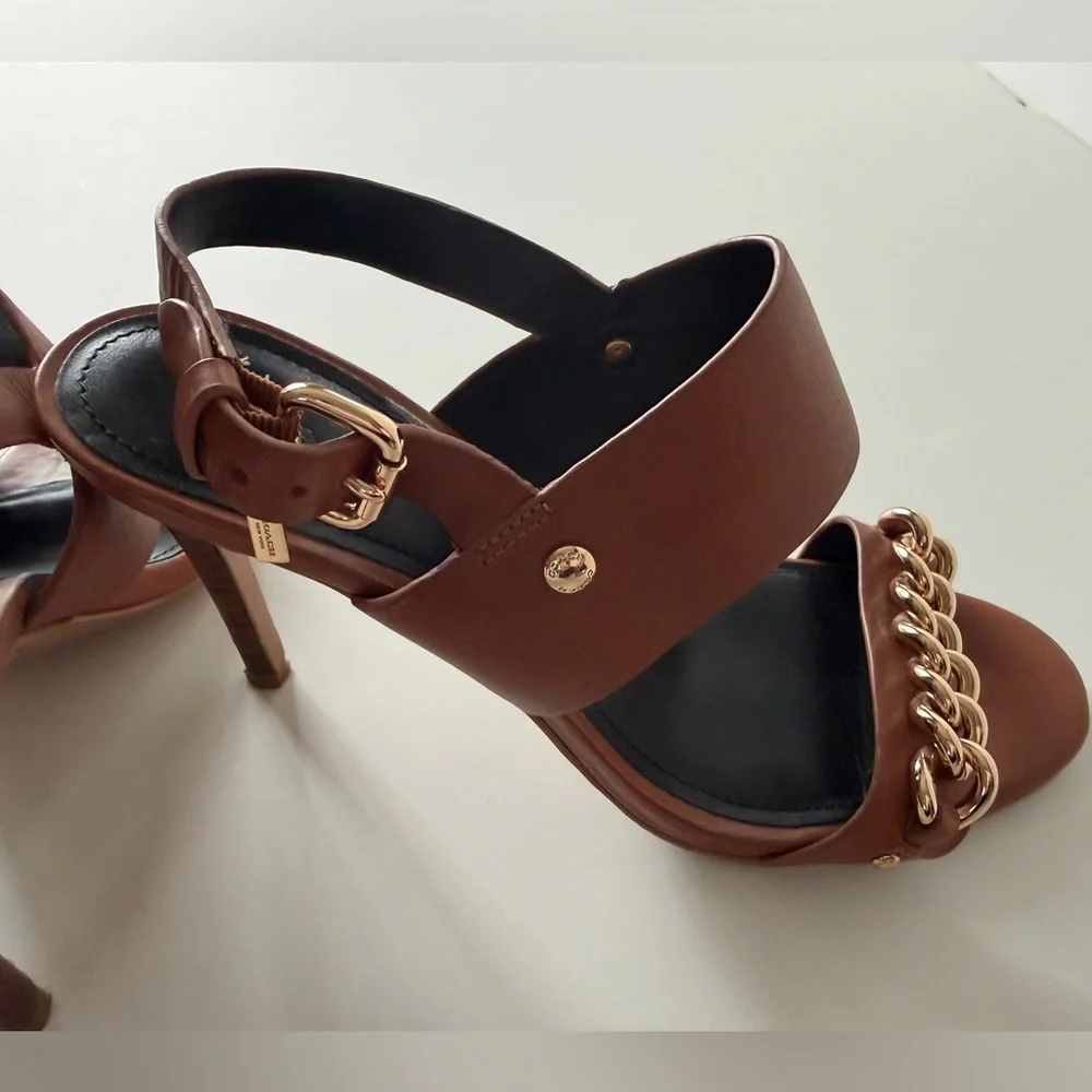 Coach Brown Sandals with Gold Chain Accent - Picture 2 of 11